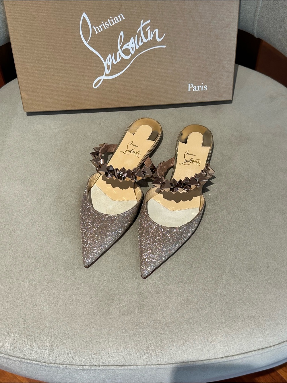 Christian Louboutin Choc Flat Mini Glitter Pointed-Toe Stud Strap Mule - Picture 3 of 8
